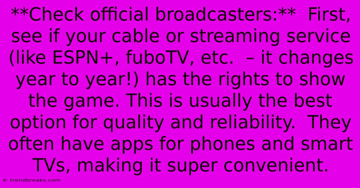 **Check Official Broadcasters:**  First, See If Your Cable Or Streaming Service (like ESPN+, FuboTV, Etc.  – It Changes Year To Year!) Has The Rights To Show The Game. This Is Usually The Best Option For Quality And Reliability.  They Often Have Apps For Phones And Smart TVs, Making It Super Convenient.