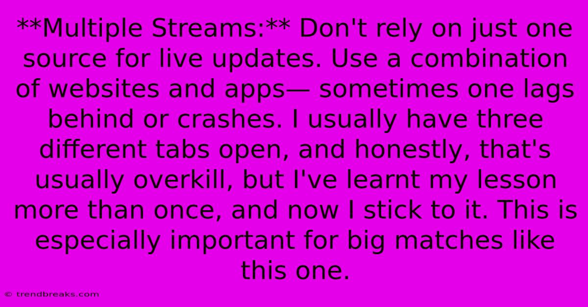 **Multiple Streams:** Don't Rely On Just One Source For Live Updates. Use A Combination Of Websites And Apps— Sometimes One Lags Behind Or Crashes. I Usually Have Three Different Tabs Open, And Honestly, That's Usually Overkill, But I've Learnt My Lesson More Than Once, And Now I Stick To It. This Is Especially Important For Big Matches Like This One.